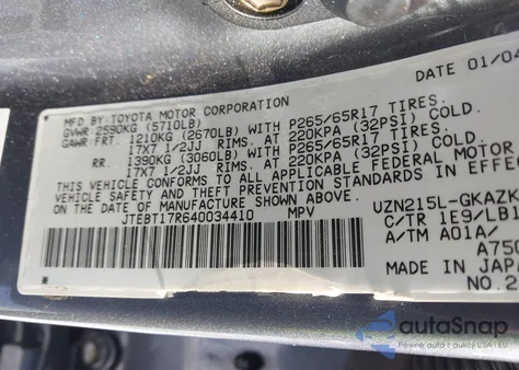 2004 Toyota 4Runner Limited V8 from USA, damaged, VIN JTEBT17R640034410